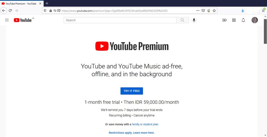 Cara premium youtube trial di laptop